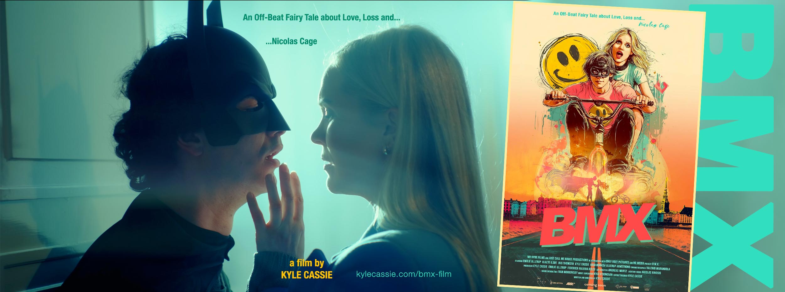 BMX banner: Birk in his mask with Rosanna, the BMX poster beside them