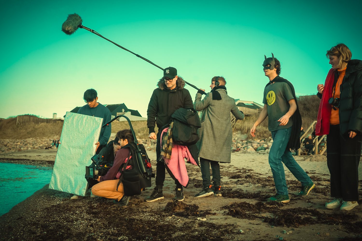 The crew shooting on the beach