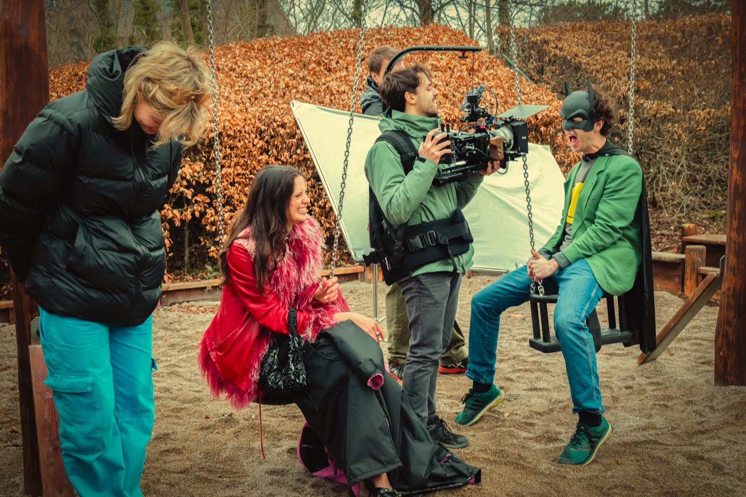 The crew shooting the swing scene